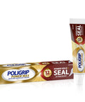 Power Max Denture Adhesive Cream With Seal For Mega Hold And Food Seal Flavor Free 16x Clinically Proven Strongest Hold 2.2 Oz Tube With Precision Nozzle For Quick Secure Fit next to box.