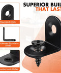 All In One Value Kit With 40 Black L Brackets And 80 Screws Stainless Steel 90 Degree Right Angle Corner Braces For Shelves Cabinets And Furniture Easy DIY Install No Trips To The Hardware Store showing close-up of black L bracket with screw and rounded ends.