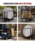 Professional Grade Heavy Duty Dolly Cart Serving As A Rugged 1000 Pound Material Hauler Featuring An Adjustable Base And Slick Rolling 360 Degree Swivel Polyurethane Wheels For No Sweat Drywall Transport with stacked tables and boxes.