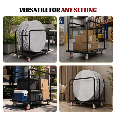 Professional Grade Heavy Duty Dolly Cart Serving As A Rugged 1000 Pound Material Hauler Featuring An Adjustable Base And Slick Rolling 360 Degree Swivel Polyurethane Wheels For No Sweat Drywall Transport with stacked tables and boxes.