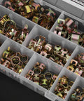 Fabater Heavy Duty 100Pcs Spring Hose Clamps Kit Assortment Zinc Plated Carbon Steel Flexible Sealing For Fuel Water Oil Steam Pipes Automotive Repair And DIY Jobs, assorted clamps in plastic organizer