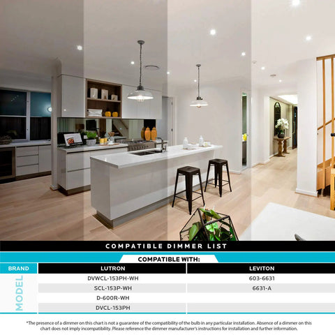 Modern kitchen with dimmable lights showcasing compatibility table, featuring Four Pack LED PAR30 Flood Light Bulbs 75W Equivalent.