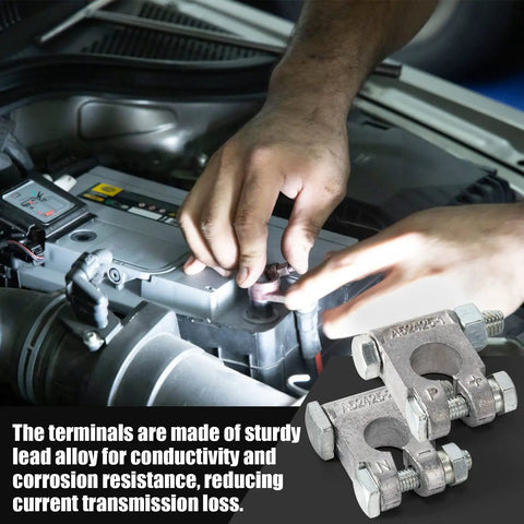 Hands connecting Heavy Duty Battery Terminal Connectors Kit with Copper Lugs Three Eighths Inch Heat Shrink Tubing