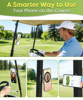 Stay Locked In Hella Secure Magnetic Golf Cart Phone Mount on golf cart holding iPhone for easy GPS viewing.