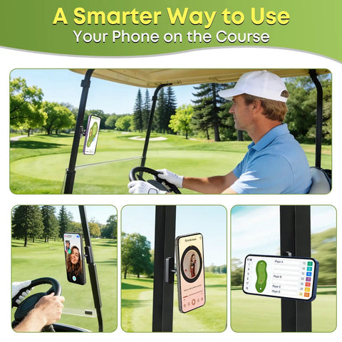 Stay Locked In Hella Secure Magnetic Golf Cart Phone Mount on golf cart holding iPhone for easy GPS viewing.