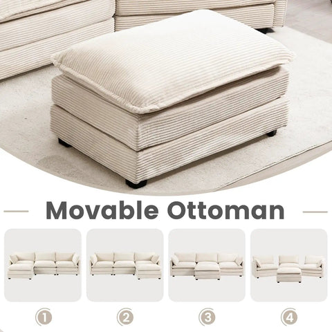Movable ottoman from Oversized Modular Sectional Sofa With Movable Ottoman 112 Inch Four Seat L Shaped Corduroy Couch In Beige