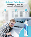 Man using Inline Water Filter For Car Washing And Yard Cleaning, Reduces Hard Water Spots And Softens Water, next to car