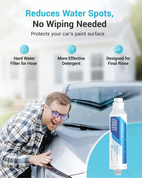 Man using Inline Water Filter For Car Washing And Yard Cleaning, Reduces Hard Water Spots And Softens Water, next to car