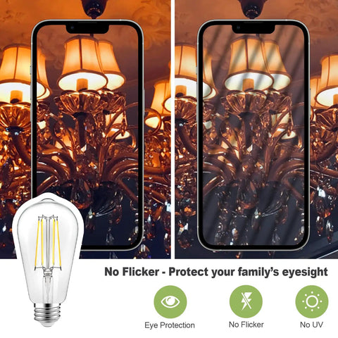 Comparison of chandeliers lit with Dimmable Vintage LED Edison Bulbs 8W Equivalent To 100W ST64 Antique Filament Bulbs with clear glass.