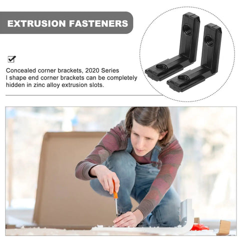 Heavy Duty Zinc Alloy 90 Degree L Brackets For Dead Nuts Secure Corner Mounting, installation shown, including a worker using a screwdriver.
