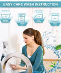 Woman placing laundry in washing machine with easy care wash instructions, including machine wash, tumble dry, and low ironing.