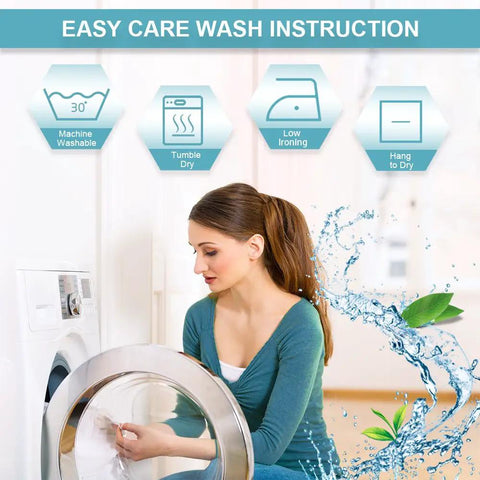 Woman placing laundry in washing machine with easy care wash instructions, including machine wash, tumble dry, and low ironing.