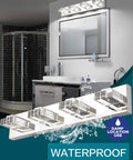 Five Light LED Vanity Light Bar For Bathrooms 31.5 Inch Modern Over Mirror Mount Glass And Stainless Steel Long Light Easy 15 Minute Install 32 Watt LED High Brightness Fixture shown in a bathroom setting, emphasizing its waterproof feature.