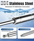 304 stainless steel gas struts with ball sockets, resistant to saltwater corrosion for boat and truck applications.