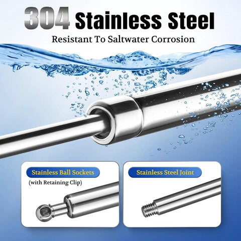 304 stainless steel gas struts with ball sockets, resistant to saltwater corrosion for boat and truck applications.