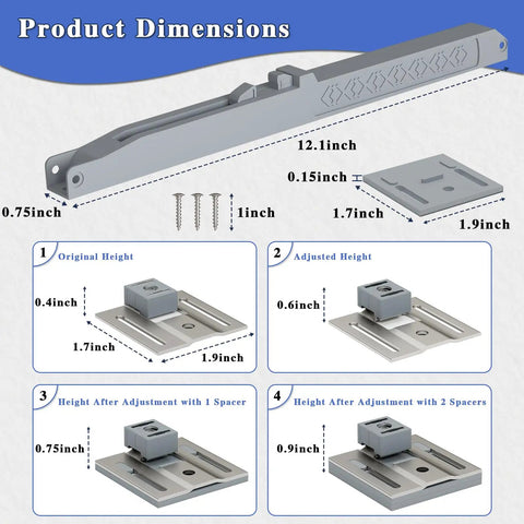 Heavy Lifters Barn Door Glide Kit With Soft Close Action For Doors Up To 160 Pounds dimensions and adjustment heights illustration