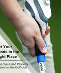 Grip Trainer For Right Hand Golfers Molded Training Aid To Fix Swing Grip in use on a golf club handle, close-up view