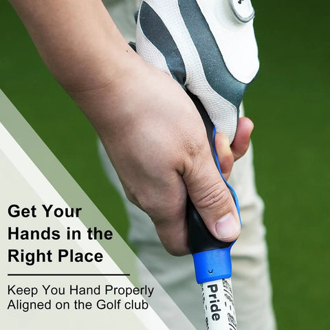 Grip Trainer For Right Hand Golfers Molded Training Aid To Fix Swing Grip in use on a golf club handle, close-up view