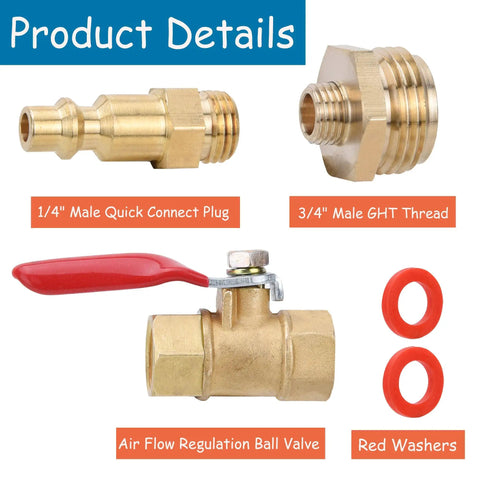 Heavy Duty RV Winterize Blowout Adapter Kit With One Quarter Inch Quick Connect Plug And Three Quarter Inch Male GHT Thread, Ball Valve Fitting And Washers For Winterizing RV Boat Camper Trailer