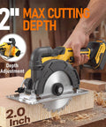 Heavy Duty Cordless Circular Saw With Slick 6 Inch Blade Compatible With Dewalt 20V Max System No Battery Included Portable Case And Precision Guide For Clean Wood And Pvc Cuts Built Tough No Sweat, showing depth adjustment on wood.