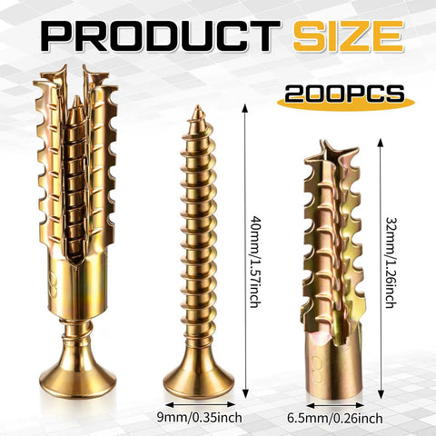 Heavy Duty Wall Anchors Kit With Screws, 200 Pack, 6 X 32 Mm, For Hinge Hole Repair In Concrete, Hollow, And Wood Walls, brass anchors and screw size chart