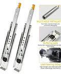 Top Shelf Full Extension Ball Bearing Drawer Slides Side Mount Heavy Duty Rails Track with installation features and load-bearing details.