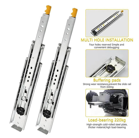 Top Shelf Full Extension Ball Bearing Drawer Slides Side Mount Heavy Duty Rails Track with installation features and load-bearing details.