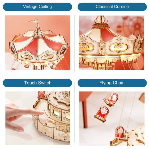 Details of 3D Wooden Puzzle Music Box Kit With Led Rotating Swing Ride And Mechanical Model For Adults, featuring ceiling, cornice, and components.