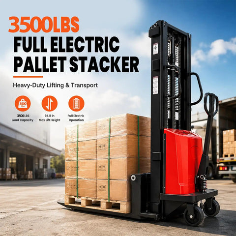 Heavy Duty 3550 Lbs Electric Pallet Stacker With 94 Inch Lift Height And Powerful Motor, lifting pallets outdoors.