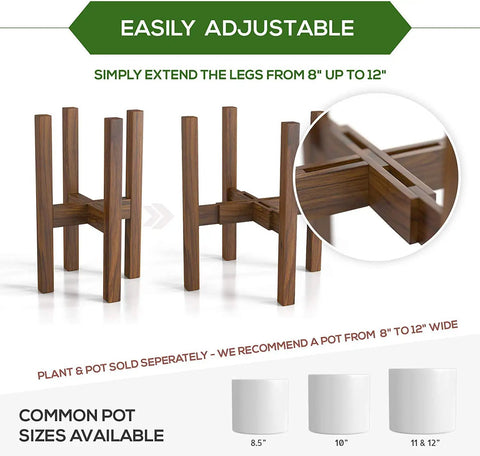 Dope Mid Century Plant Stand Made From Solid Acacia Wood, Handmade Indoor Plant Pedestal, Adjustable Width 8 To 12 Inches