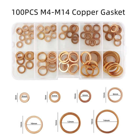 Heavy Duty Copper Washer Gasket Kit With 100 To 200 pcs Plus Nuts Bolts For Car Sump Plug Seals Engine Fixes Heat Resistant Performance Reliable Universal Fit For Many Types Ensuring Tight Seals For Part Maintenance Auto Repair Easy Install Today, M4-M14 copper washers in organizer