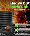 Heavy duty 100 Ft 14 AWG Four Conductor SJOOW Portable Electrical Cord with stranded copper wire next to saw in workshop.