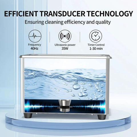 Clean As A Whistle And Built Different For Gritty Grime 40 Khz Ultrasonic Cleaner With Degassing and Smart Digital Timer, showing water and transducer.