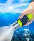 Person holding Two Pack Underwater LED Flashlights For Diving, Crazy Bright Scuba Lights With IPX8 Waterproof Rating.