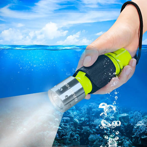 Person holding Two Pack Underwater LED Flashlights For Diving, Crazy Bright Scuba Lights With IPX8 Waterproof Rating.