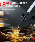 Cordless Fuel Transfer Pump With Auto Stop 3.8 GPM Fast Flow For Gasoline Diesel And Oil USB Powered Battery Operated Four Adapters For Racing Jugs Perfect Gift For Gear Heads And Do It Yourself Guys in use transferring liquid