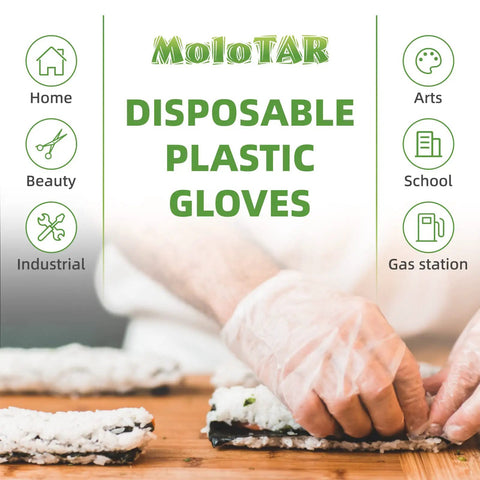 Person wearing 500 Pack Clear Disposable Gloves for Cleaning and Food Prep, One Size Fits Most, preparing sushi rolls