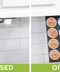 Under Cabinet Coffee Pod Storage Rack for Keurig K Cups, closed and open views, showing 12-pod capacity and sliding mechanism.