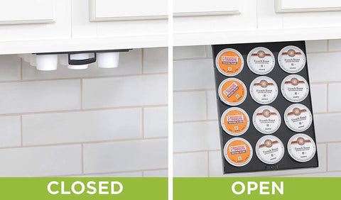 Under Cabinet Coffee Pod Storage Rack for Keurig K Cups, closed and open views, showing 12-pod capacity and sliding mechanism.