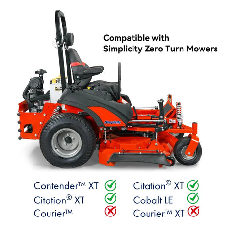 Side view of a Simplicity Zero Turn Mower compatible with Zero Turn Hitch Kit For Ferris IS And ISX Series and yard attachments.