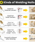 Diagram of four types of staples in Upgraded 100W Hot Stapler Gun Plastic Welder Kit For Car Bumper Repair, showing use on cracks.