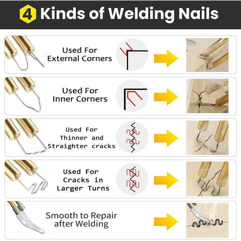 Diagram of four types of staples in Upgraded 100W Hot Stapler Gun Plastic Welder Kit For Car Bumper Repair, showing use on cracks.