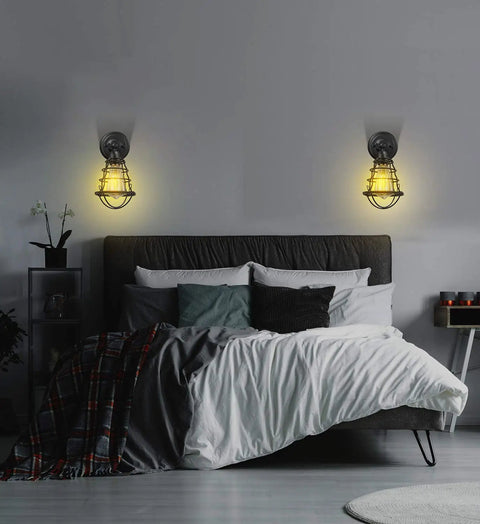Industrial Plug In Wall Sconces Set Of 2 With 5.9 Foot Cord And On Off Switch, Wire Cage Vintage Rustic Wall Lighting For Headboard, Bedroom Or Bathroom, 180 Degree Adjustable Lamp Heads For Mood Lighting, UL Listed