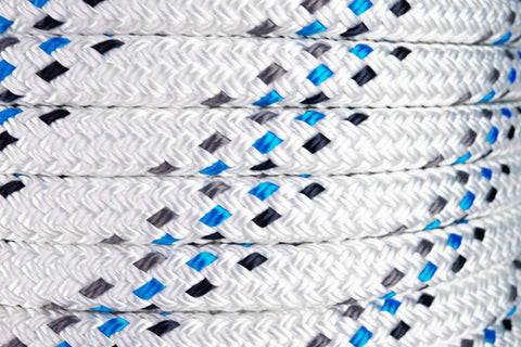 Close-up of Workhorse 1 Inch X 300 Feet Polyester Double Braid Cable Pulling Rope With Stitched Eye Loops, showcasing its durable construction.