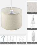 Plug In Pendant Light With 15 Foot Cord And On Off Switch, Easy No Hardwiring Hanging Lamp With Fabric Shade, Soft Beige Finish