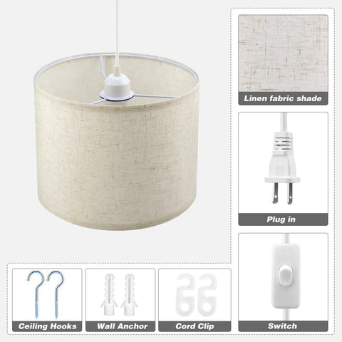 Plug In Pendant Light With 15 Foot Cord And On Off Switch, Easy No Hardwiring Hanging Lamp With Fabric Shade, Soft Beige Finish