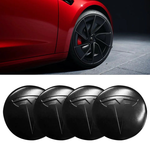 Set Of Four Aluminum Waterproof Wheel Cover Center Emblem Sticker For Tesla Model 3 And Model Y 56mm Hubcaps Rim Cover Matte Black Finish For A Sleek Oem Look And Rugged Daily Driver Upgrade shown on a red car.