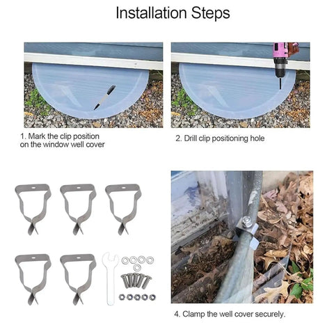 Durable Window Well Cover Hardware Kit Featuring Heavy Duty Cold Rolled Steel Spring Clamps And Zinc Plated Clips For Secure Basement Protection Against Weather Damage And Outdoor Wear, shown installed