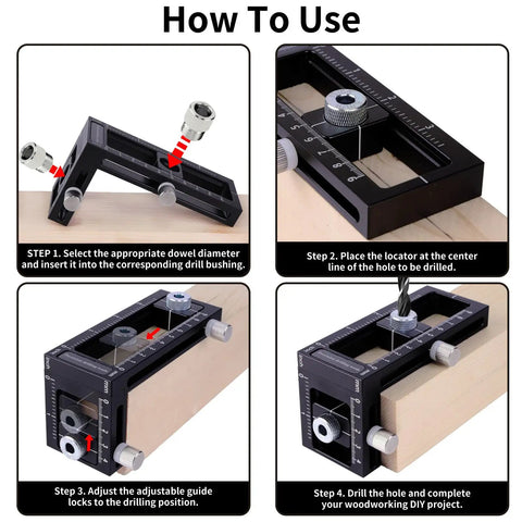 How to use 2-in-1 Auto Centering Dowel Drilling Jig With 8 Drill Bushings 3-10mm, shown on wood with adjustment steps.
