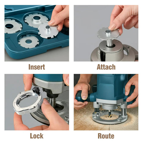 8 Piece Router Template Guide Bushing Kit With Dovetail And Hinge Jigs For Smooth Woodworking Edge Trimming Compatible With Bosch Models Giving You Zero Sweat Precision Daily, showing assembly and routing steps.